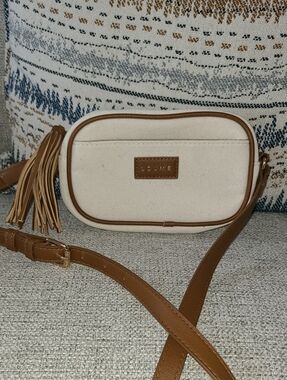 Loume Canvas & Brown Trim Crossbody Bag with Tassel
